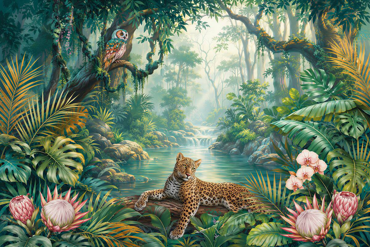 Fotobehang luipaard in de tropische jungle met een uil en waterval