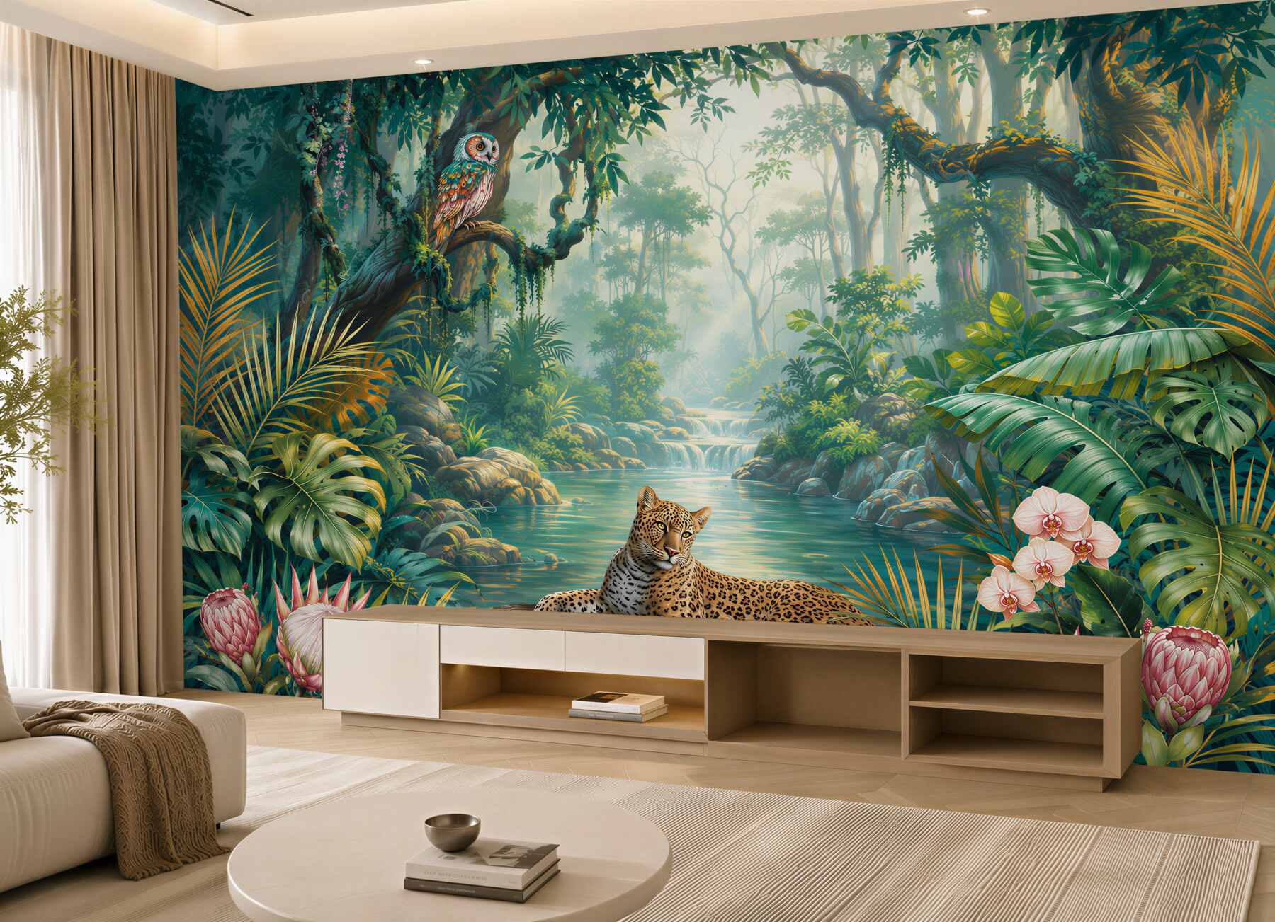 Fotobehang luipaard in de tropische jungle met een uil en waterval