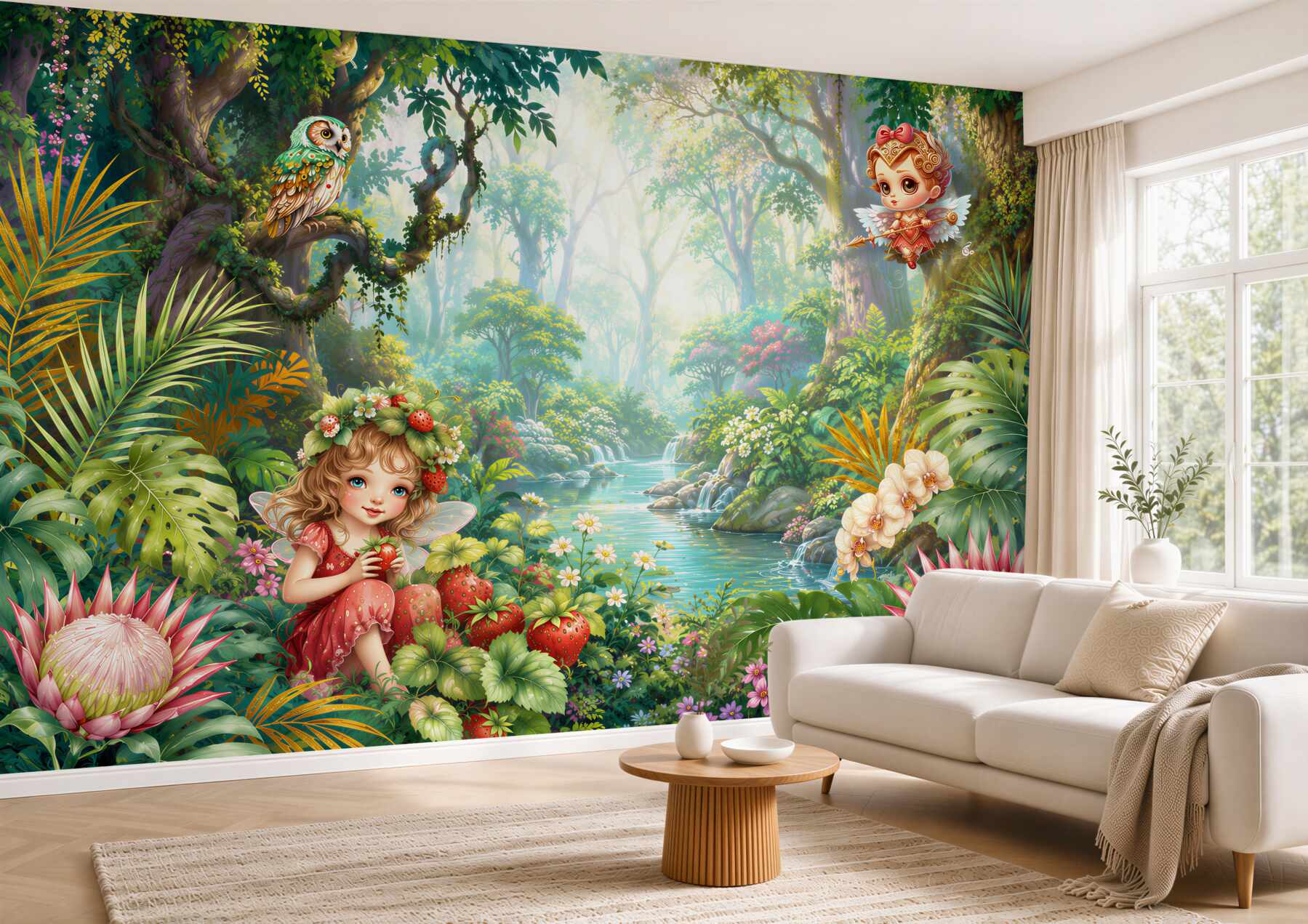 Fotobehang meisje aardbeien plukken