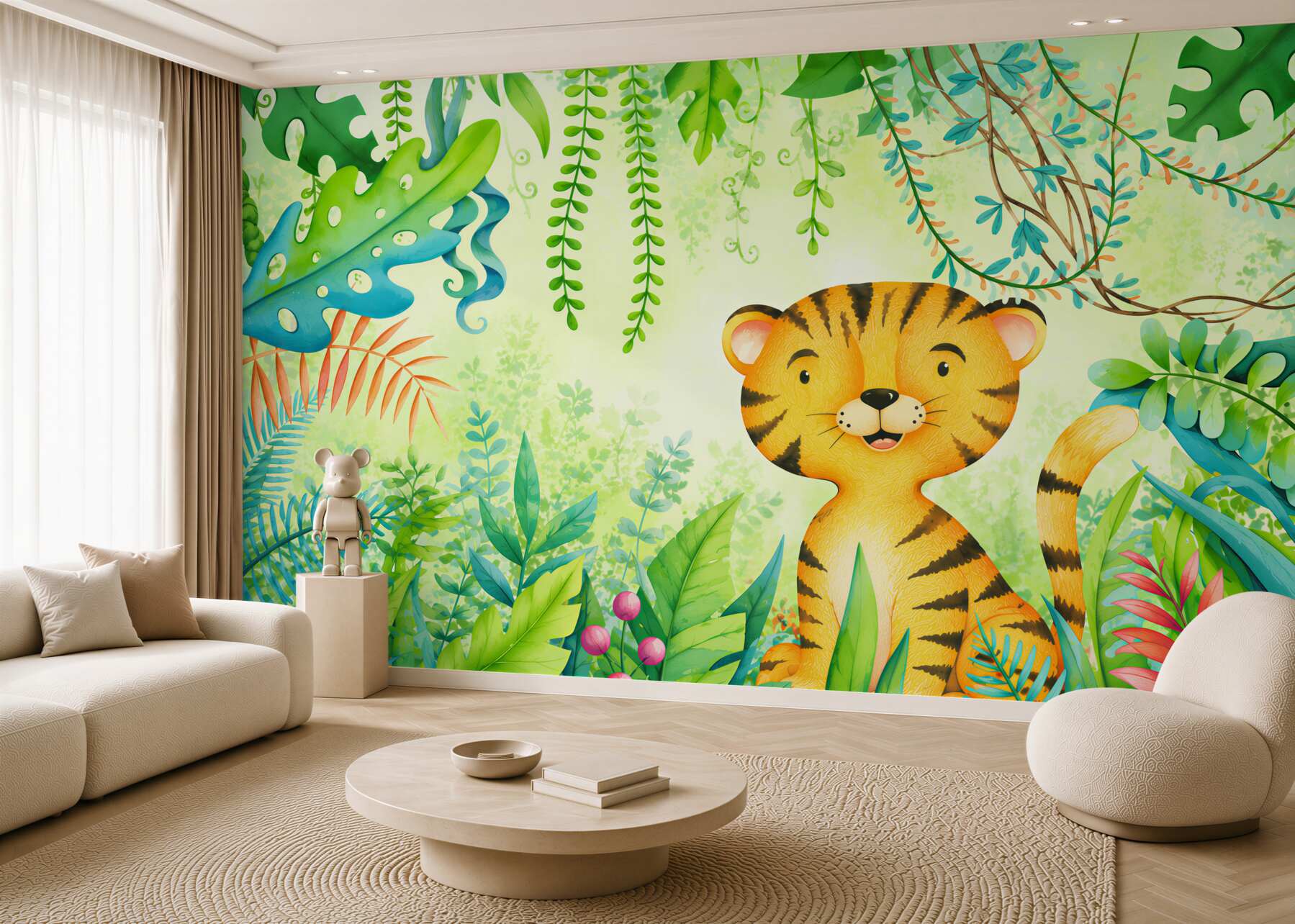 Fotobehang Glimlachende tijger in lichte bladeren