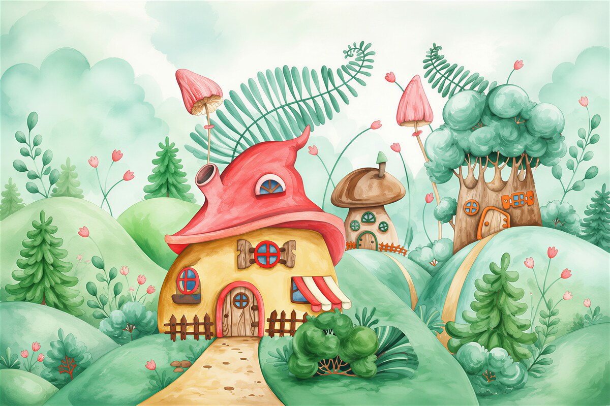 Fotobehang Sprookjesachtige huizen in paddenstoelen en hout