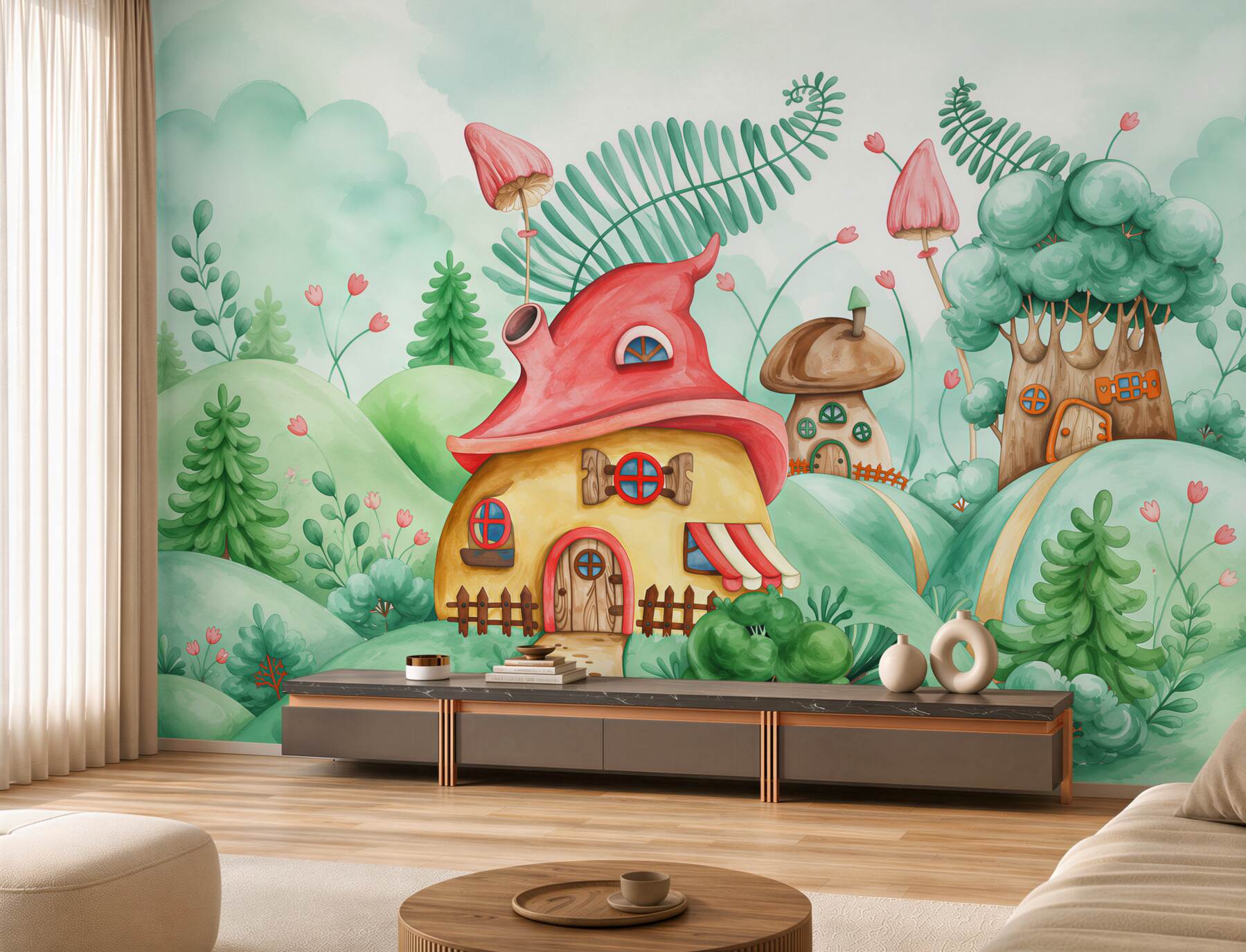 Fotobehang Sprookjesachtige huizen in paddenstoelen en hout