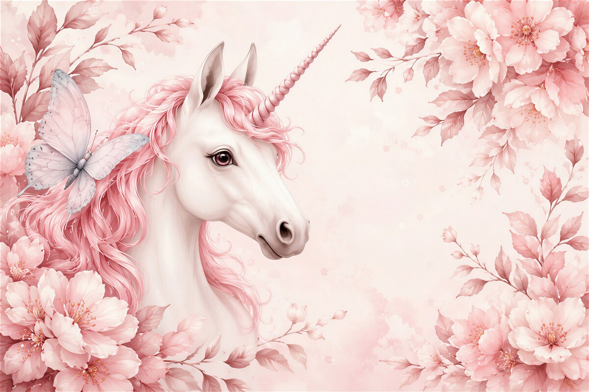 Fotobehang eenhoorn met een vlinder in roze