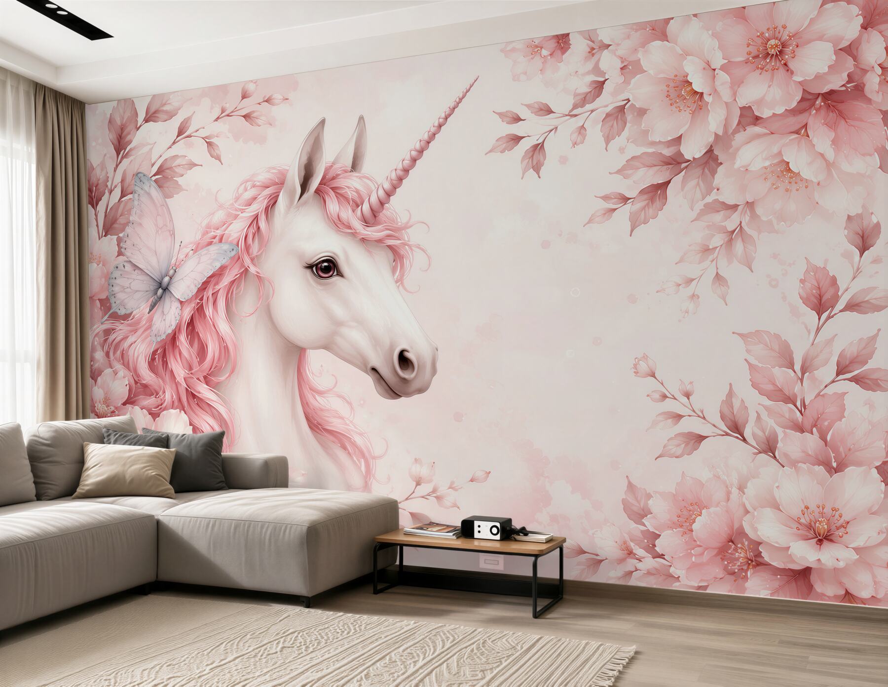 Fotobehang eenhoorn met een vlinder in roze