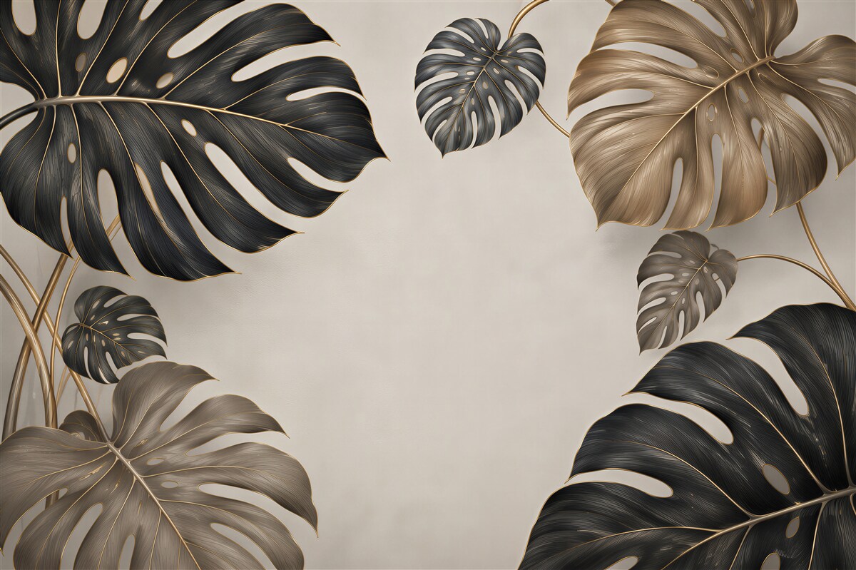 Fotobehang monstera bladeren beige-groen subtiel tropisch patroon