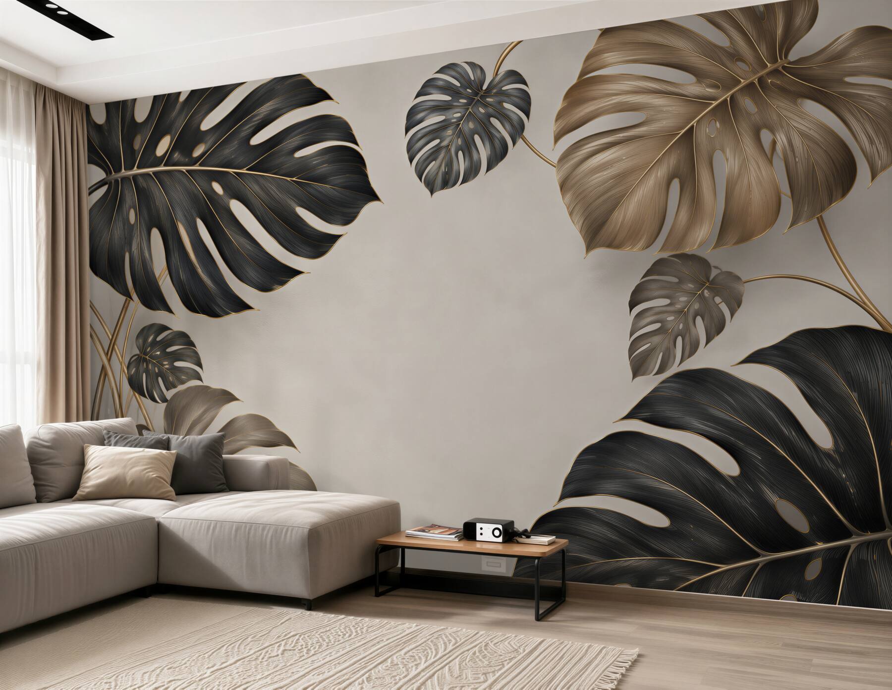 Fotobehang monstera bladeren beige-groen subtiel tropisch patroon