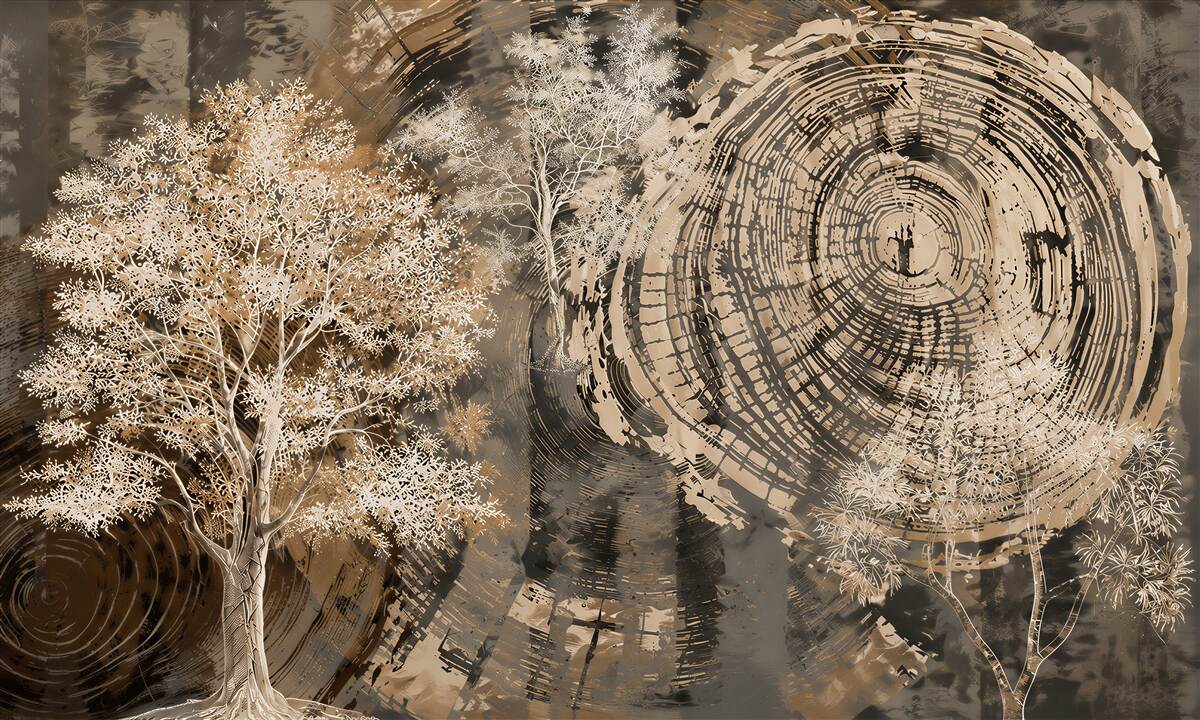 Fotobehang bomen in beige mist met houtnerfpatroon