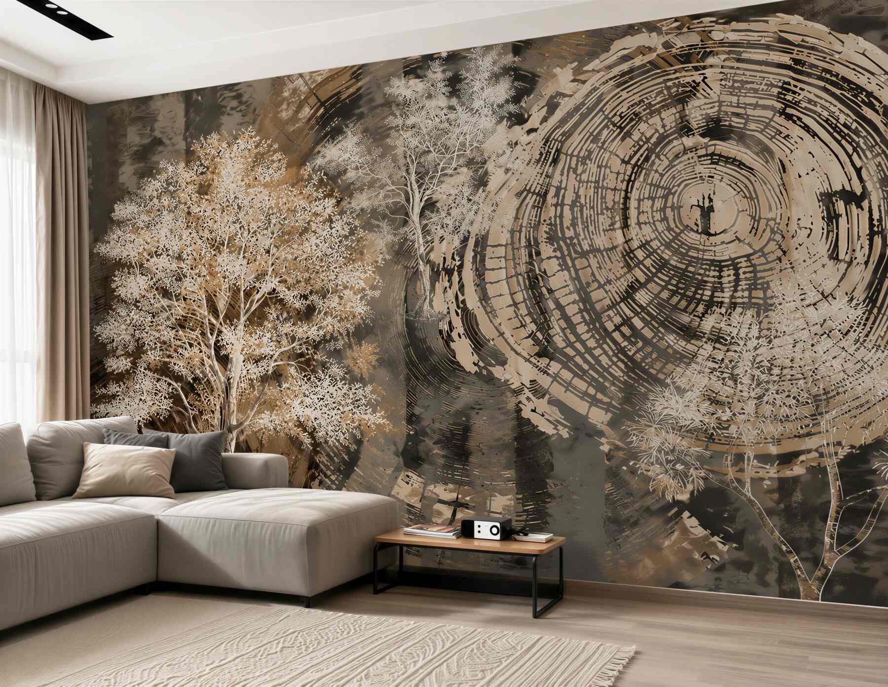 Fotobehang bomen in beige mist met houtnerfpatroon