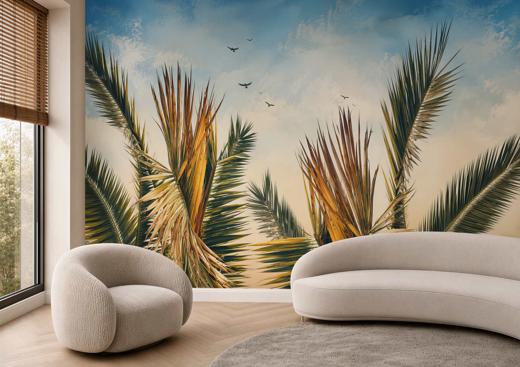 Fotobehang palmbomen bij zonsondergang in warme beige tinten