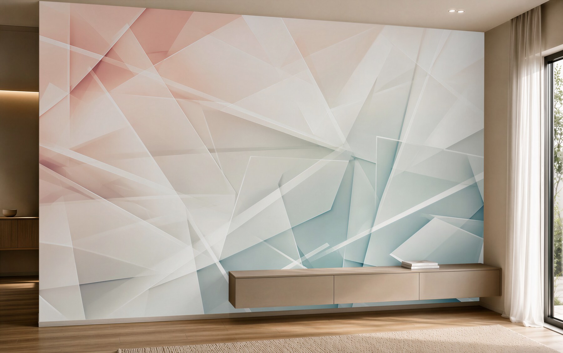 Fotobehang geometrische pastel abstractie roze blauw voor een moderne woonkamer