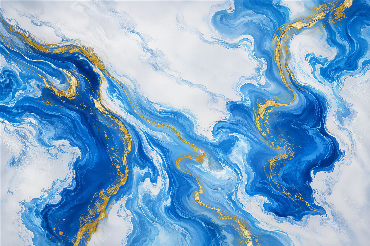 Fotobehang abstracte marmer wit en blauw met gouden aderen
