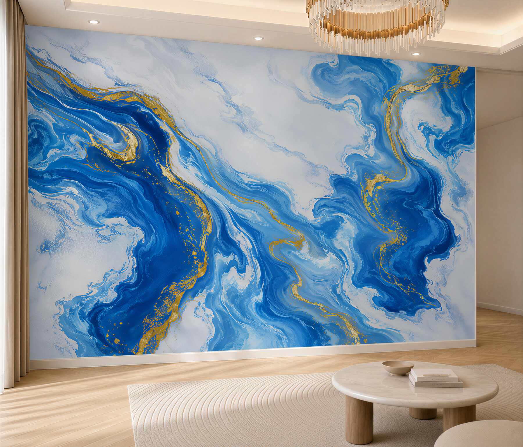 Fotobehang abstracte marmer wit en blauw met gouden aderen