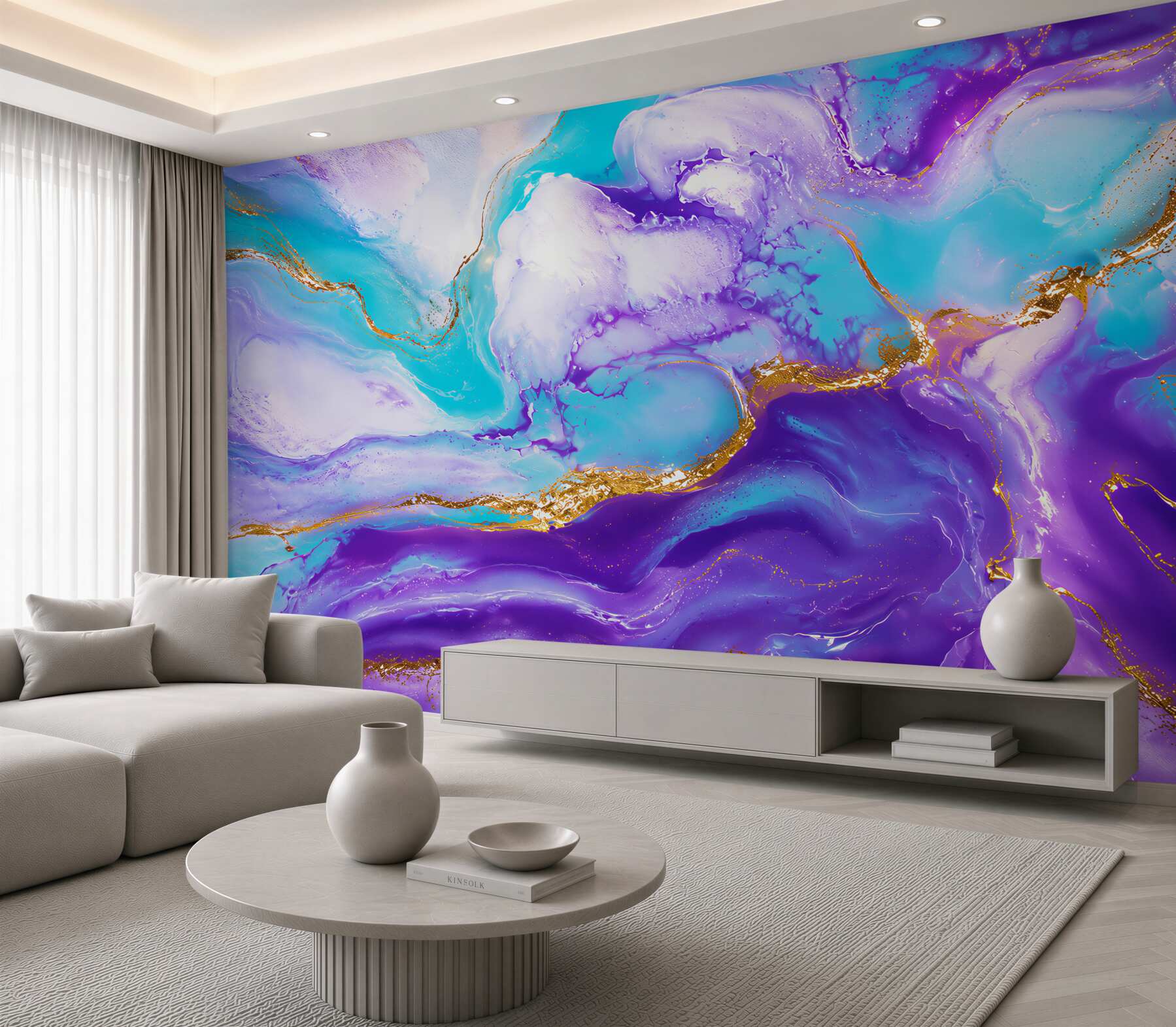 Fotobehang abstracte pastel marmer paars en blauw met gouden aderen