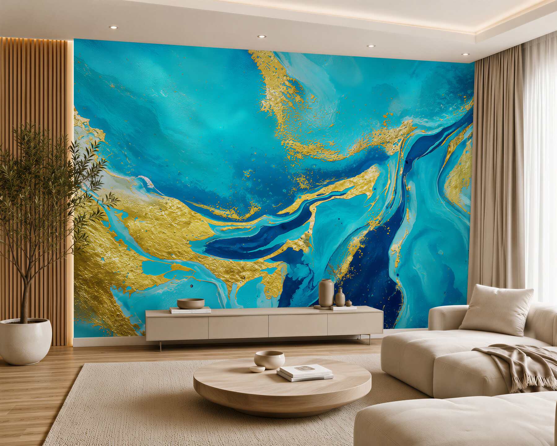 Fotobehang elegante abstracte blauw-gouden marmer voor een moderne woonkamer