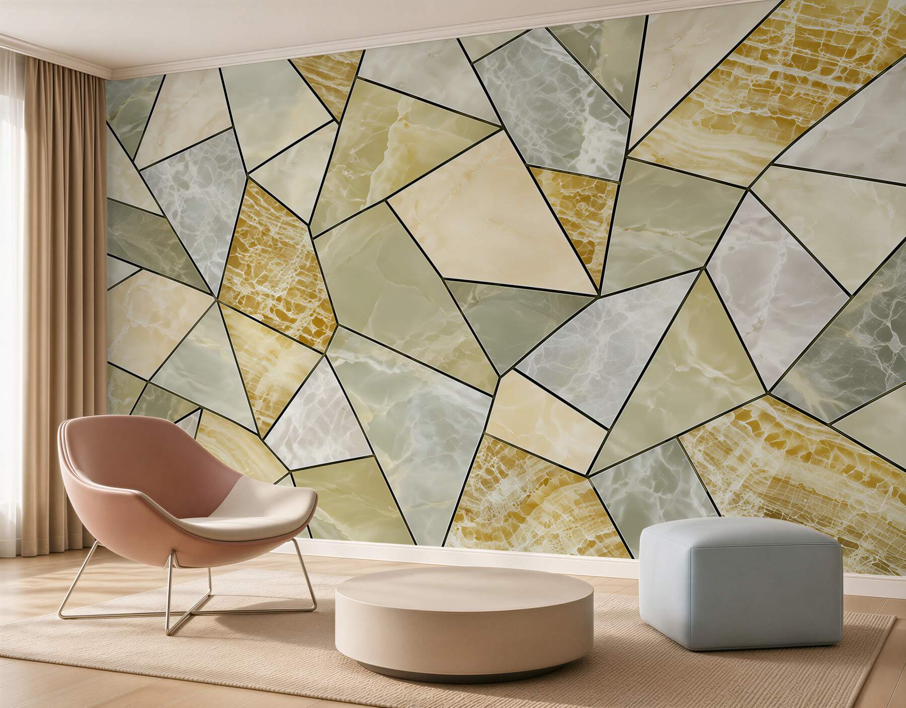Fotobehang onyx marmer wit-groen met gouden aderen elegant
