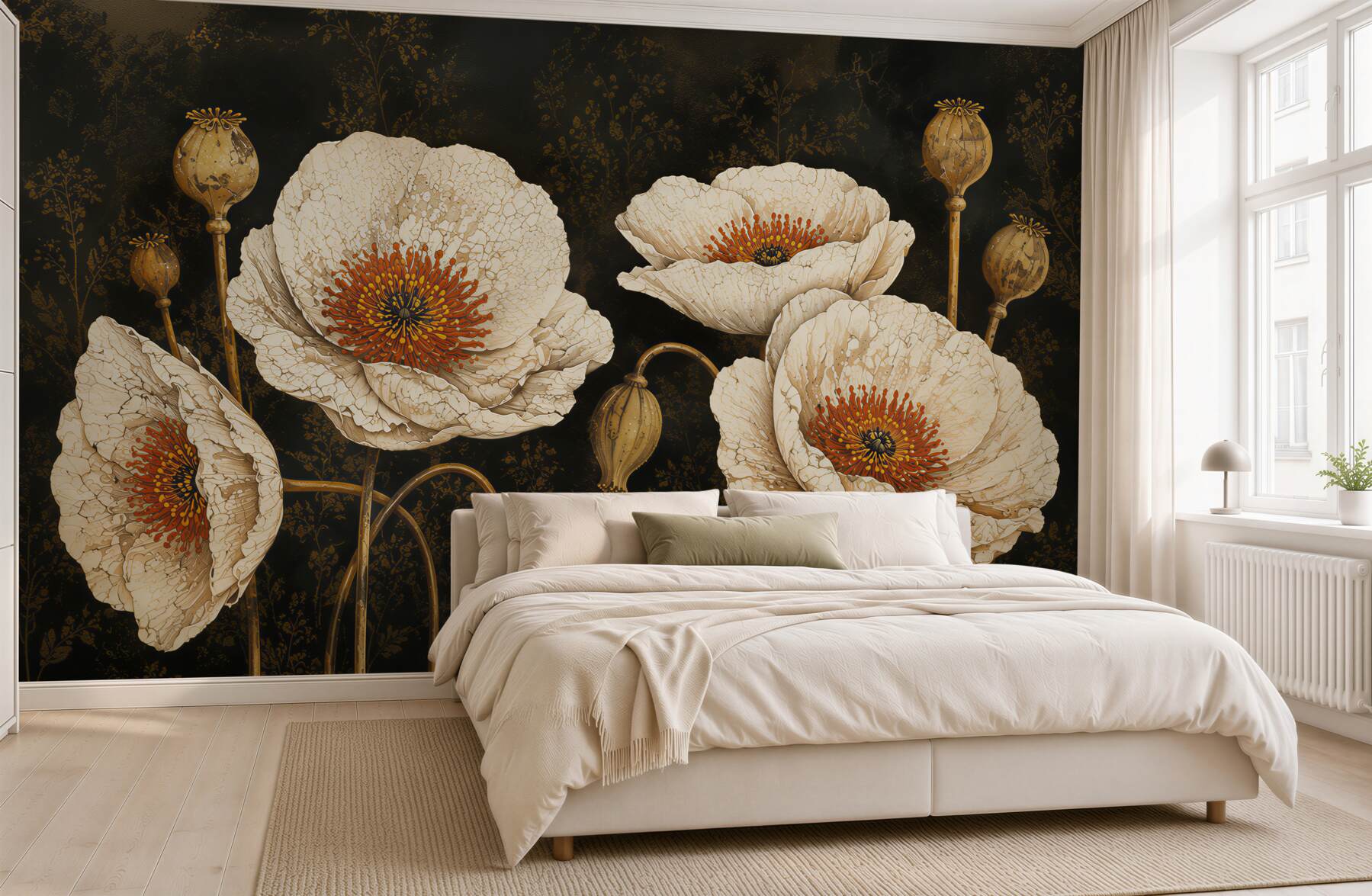 Fotobehang witte klaprozen beige subtiel voor een elegant interieur