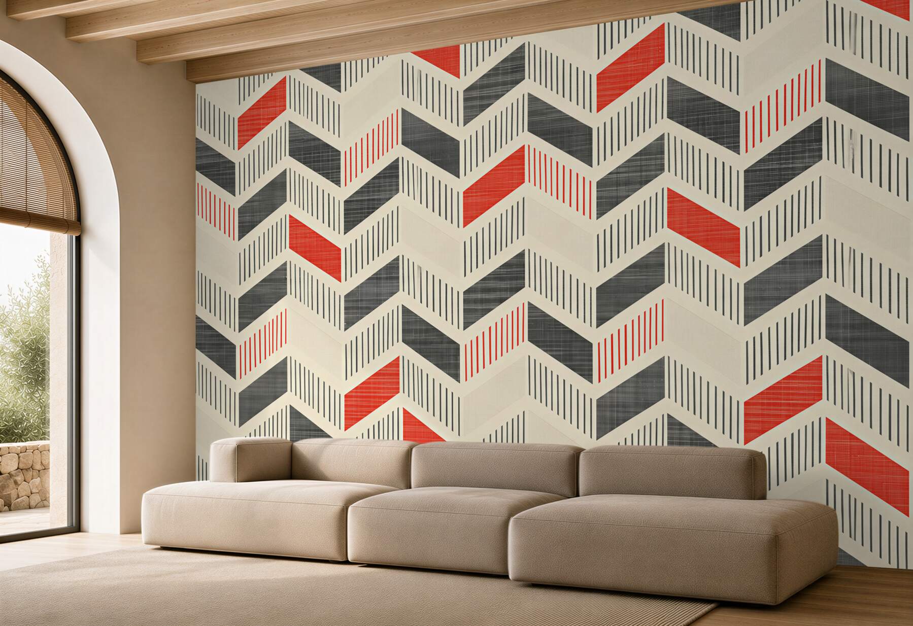 Fotobehang geometrisch patroon beige-grijs met poederroze modern