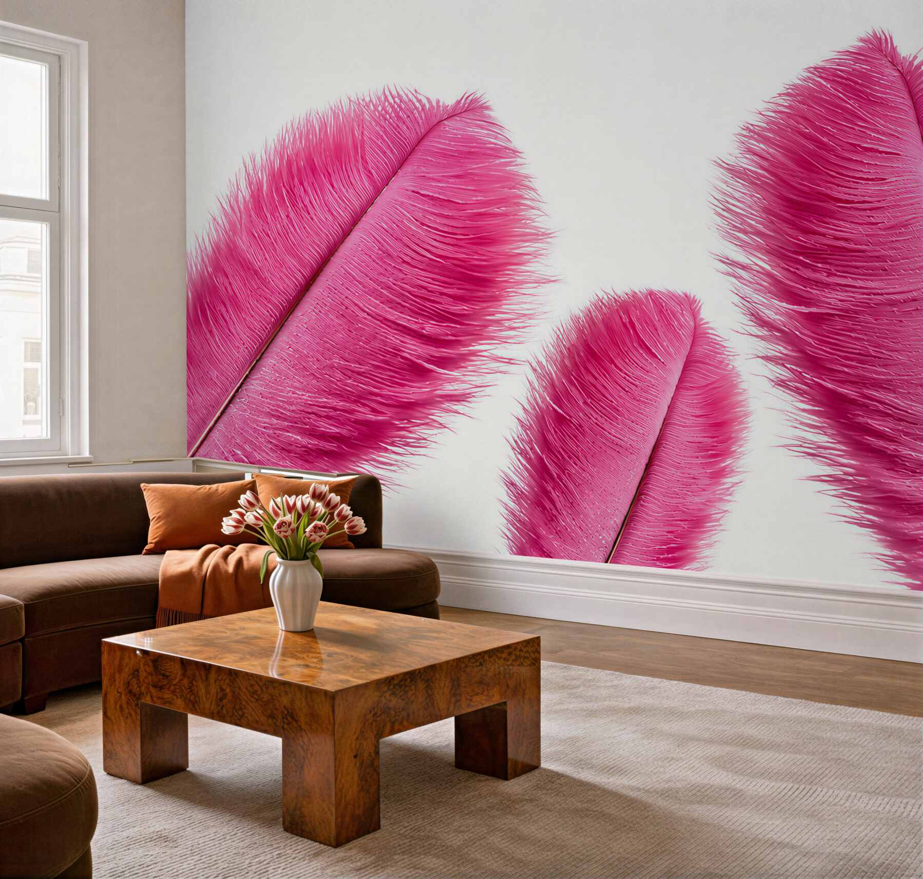 Fotobehang roze veren op een lichte achtergrond delicaat voor de slaapkamer