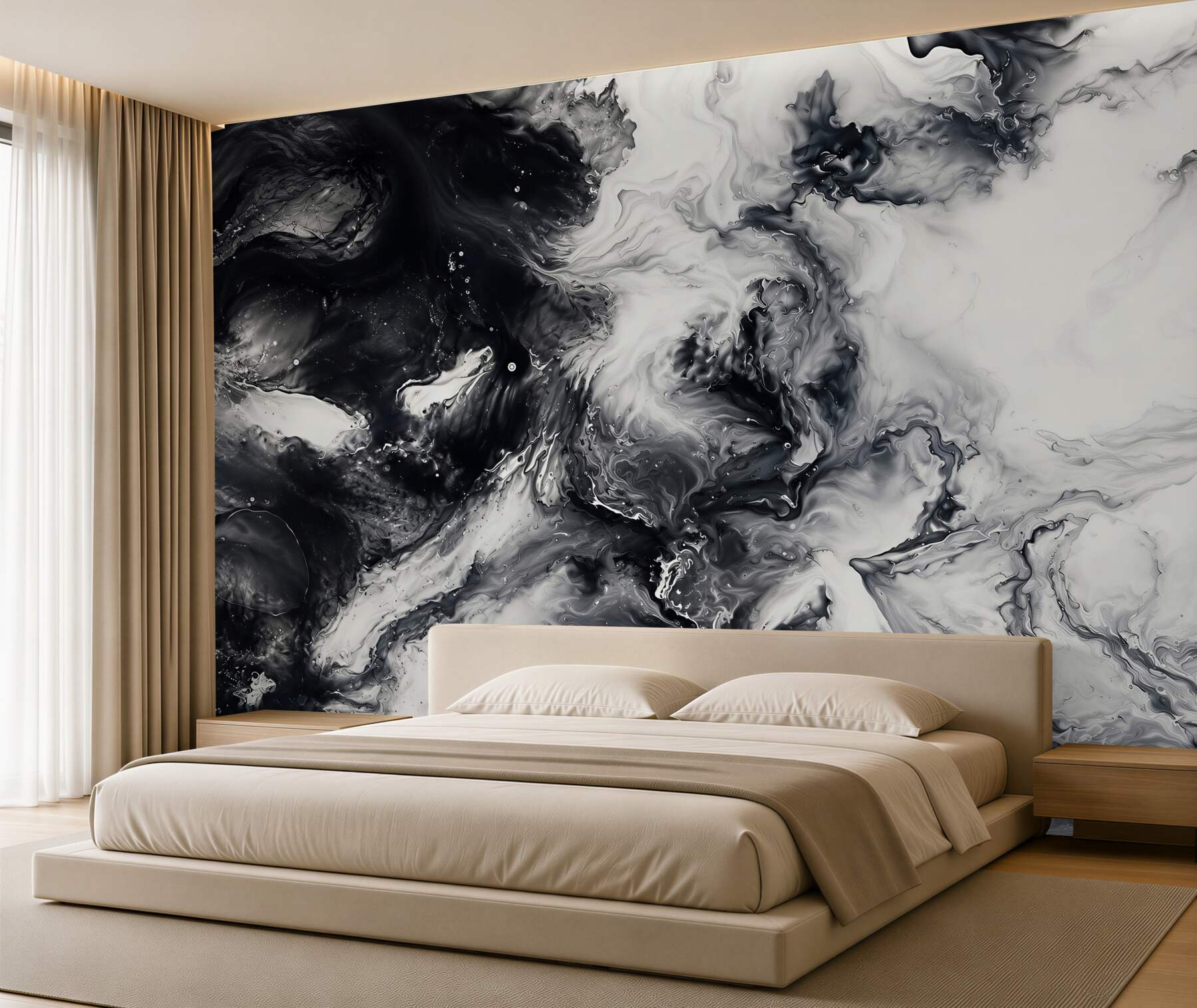 Fotobehang marmer wit-grijs met zwart en gouden accenten elegant