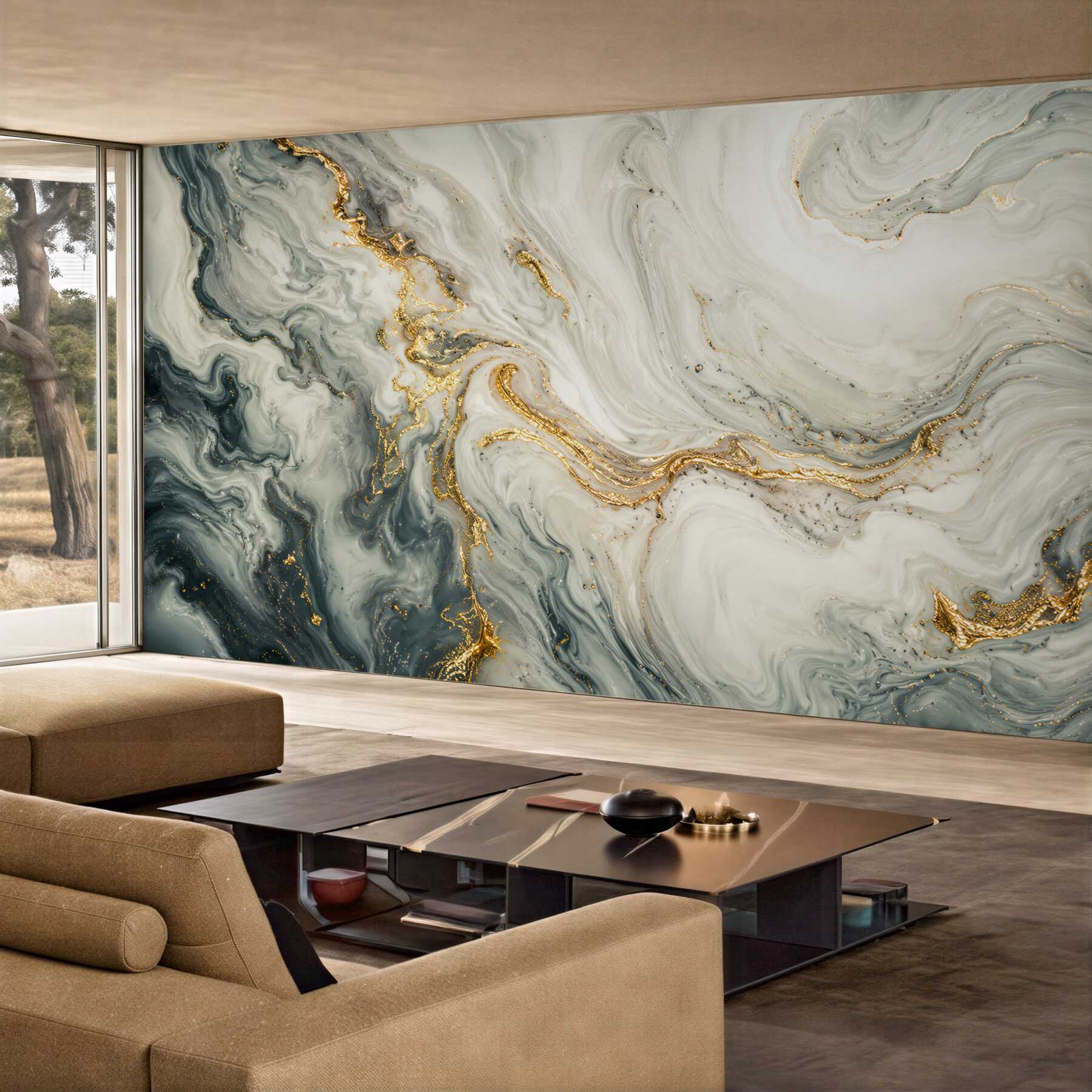 Fotobehang marmer wit-blauw met gouden aderen modern