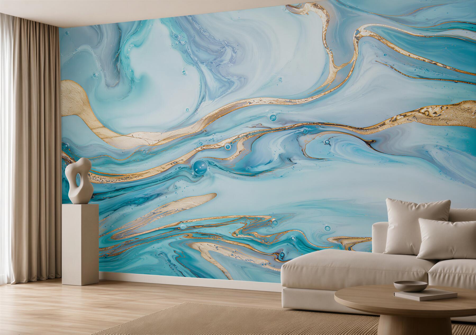 Fotobehang abstracte blauwe golven met gouden lijnen voor de woonkamer