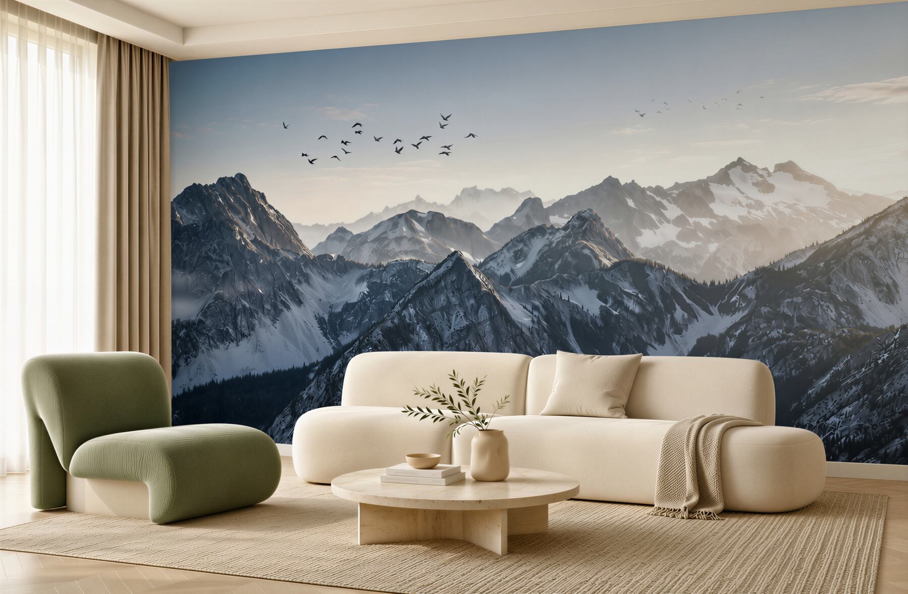 Fotobehang berglandschap in de mist met vogels bij zonsopgang