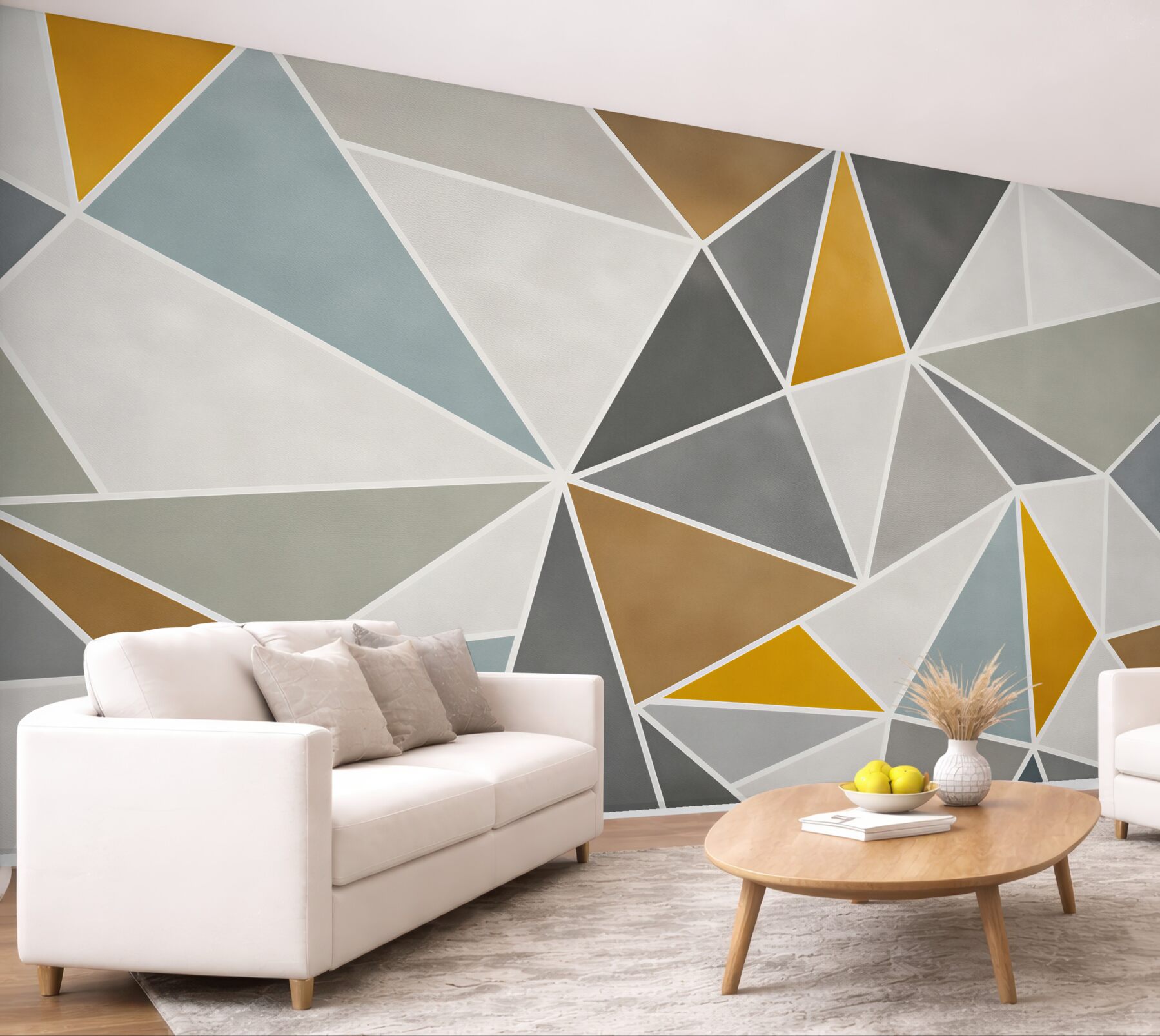 Fotobehang geometrische driehoeken beige en grijs met gouden accenten modern