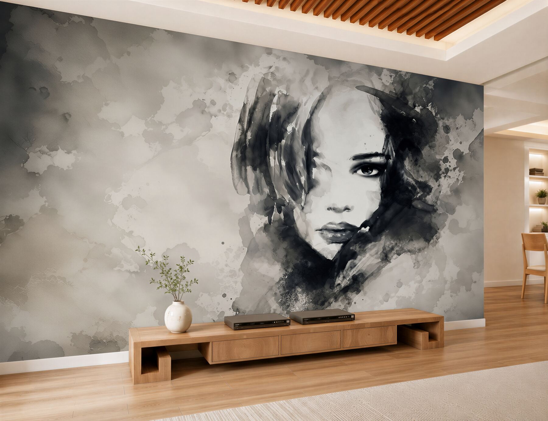 Fotobehang vrouwelijke aquarelportret sepia elegant voor de woonkamer