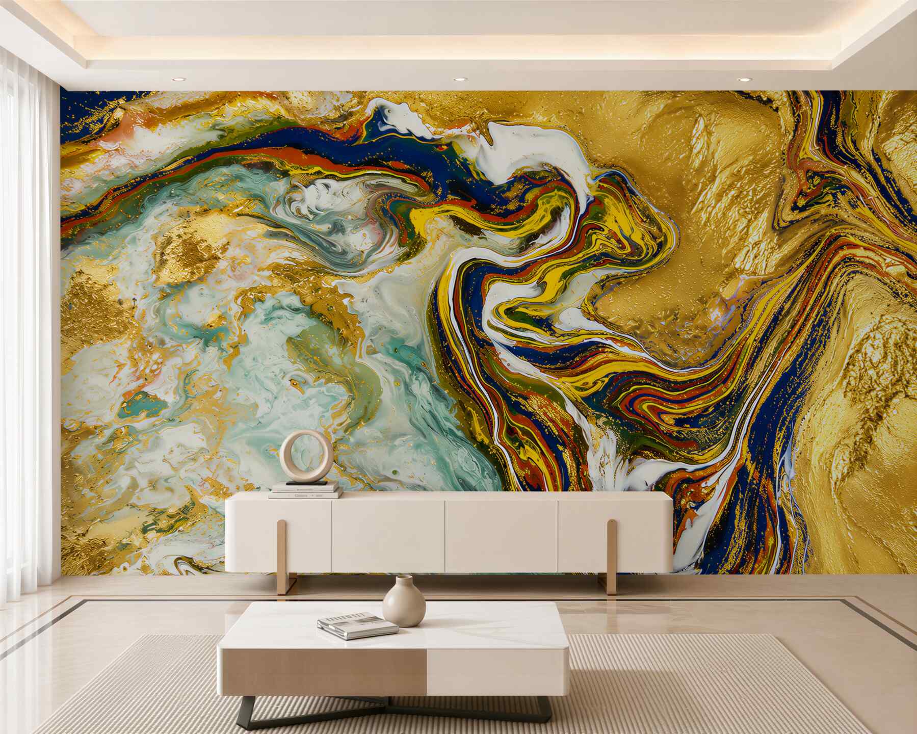 Fotobehang abstract marmer wit-turquoise met gouden aderen