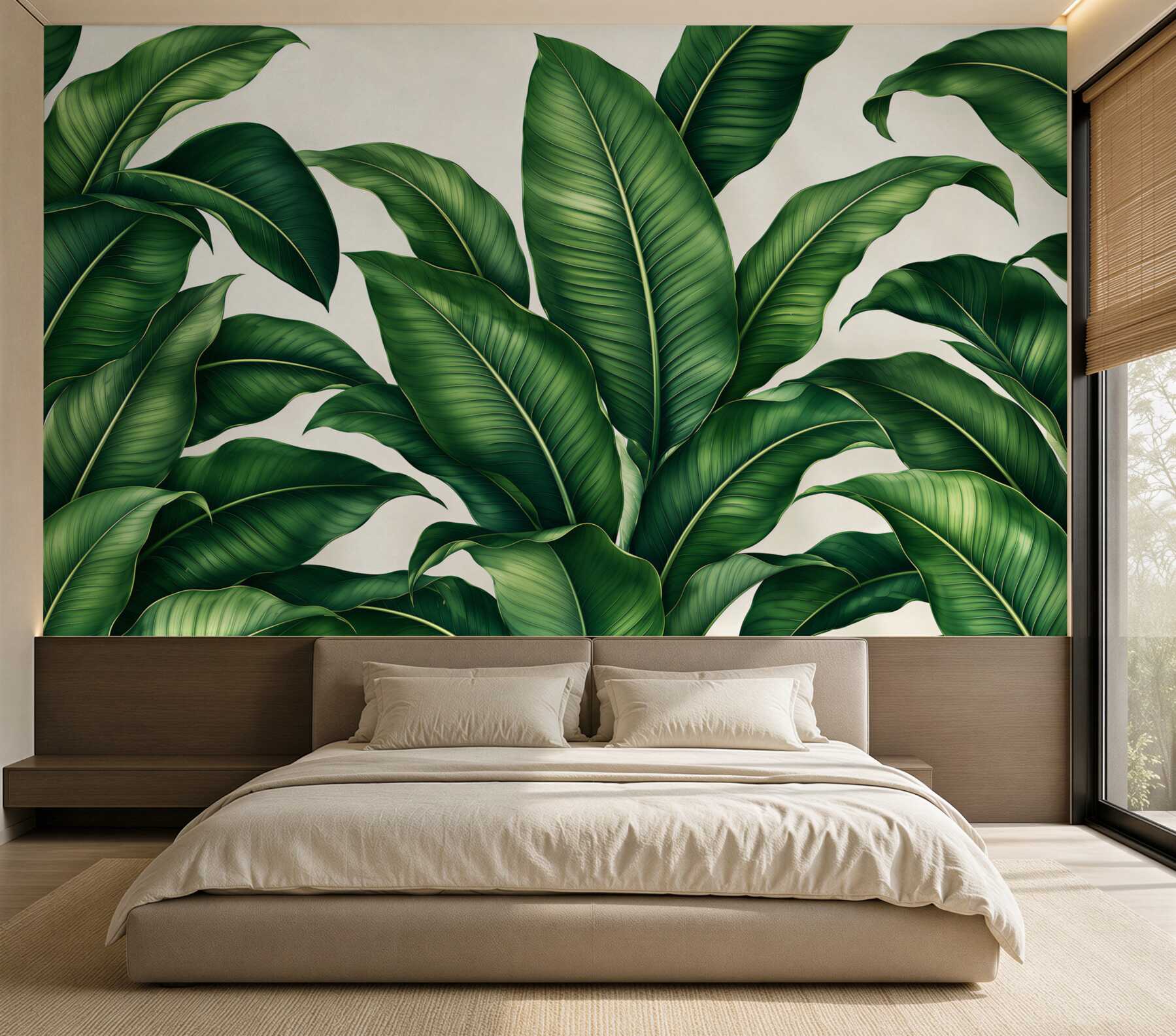 Fotobehang groene bladeren van bananenboom in subtiele tropische stijl