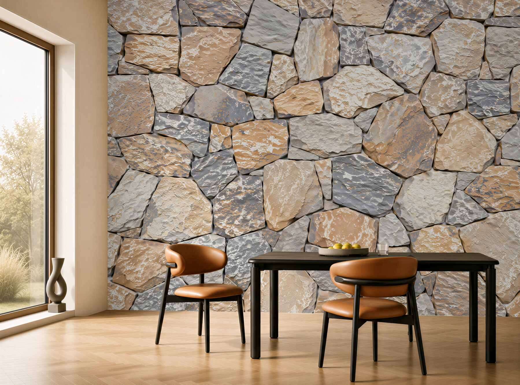 Fotobehang stenen muur beige-grijs natuurlijk voor de woonkamer