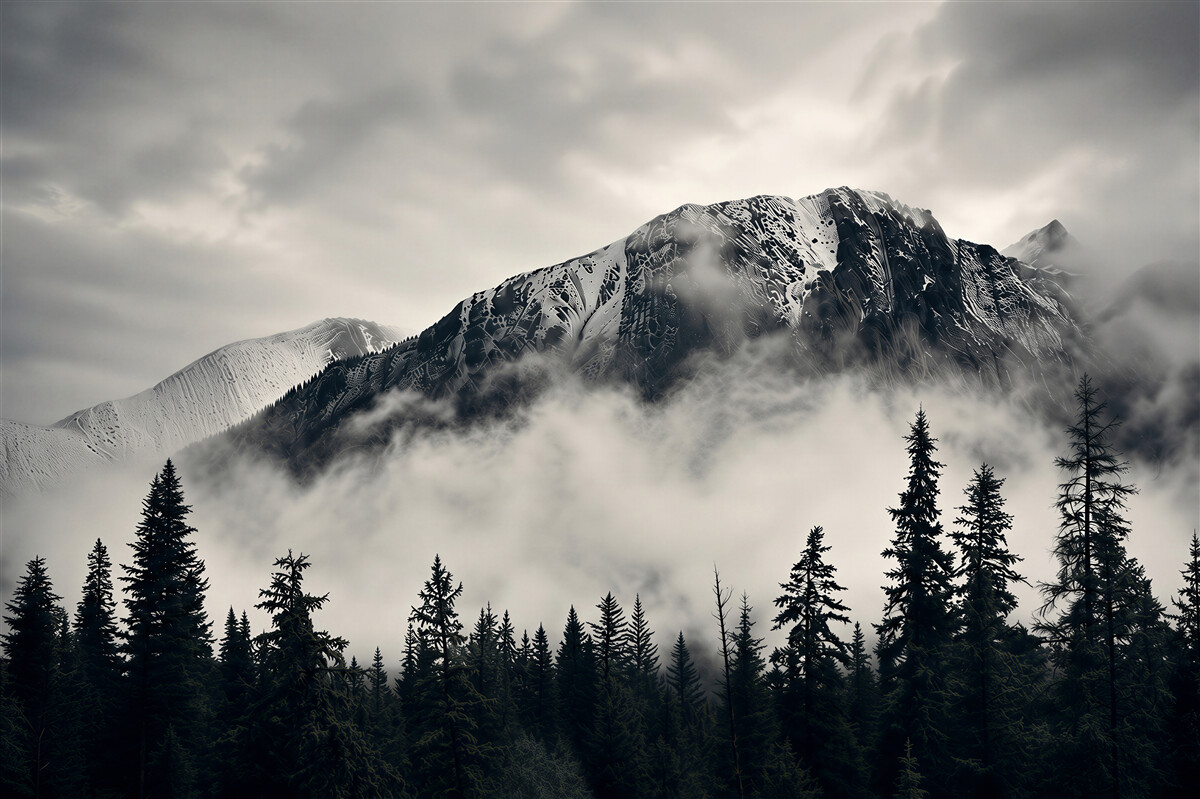 Fotobehang besneeuwde bergen en sparrenbos in de mist natuurlijke landschap