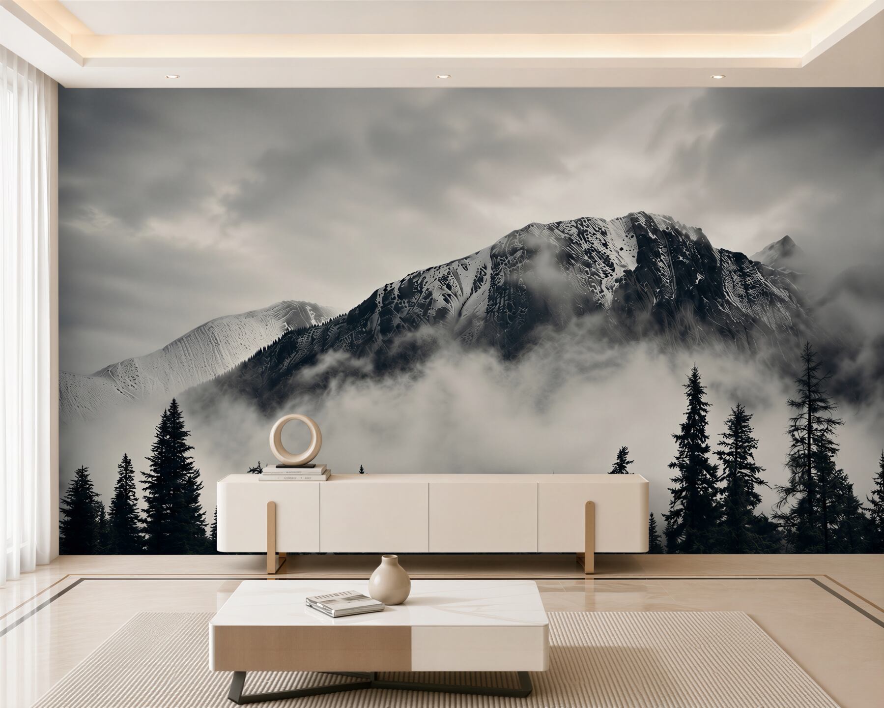 Fotobehang besneeuwde bergen en sparrenbos in de mist natuurlijke landschap