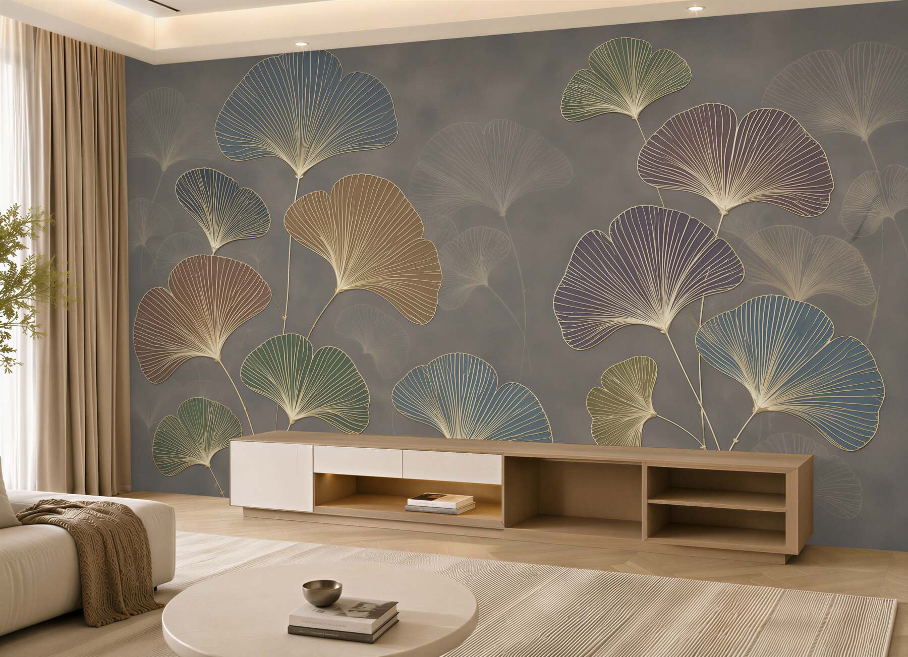 Fotobehang ginkgo bladeren pastel beige en blauw elegant