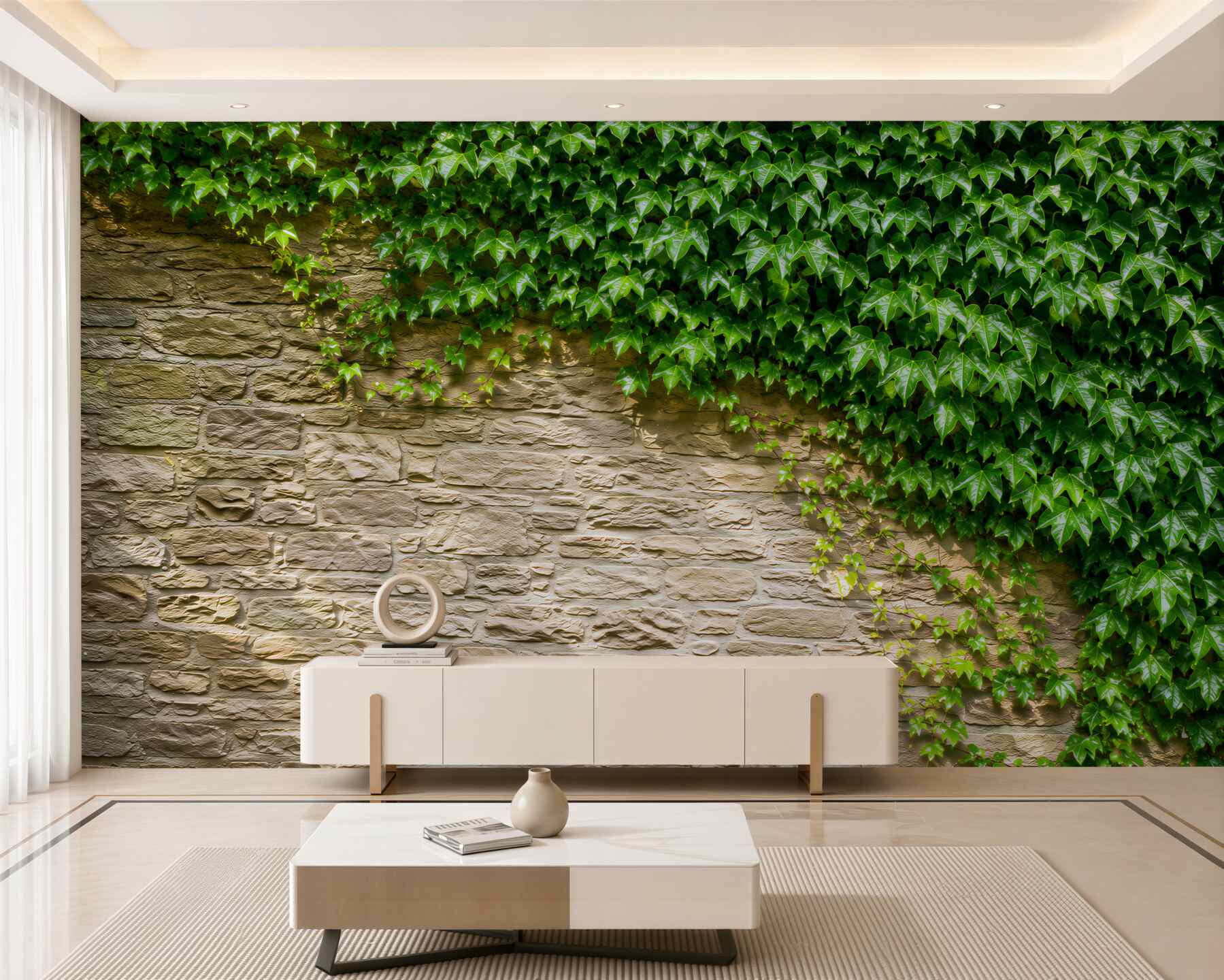 Fotobehang klimop op lichte muur natuurlijke decoratie voor woonkamer