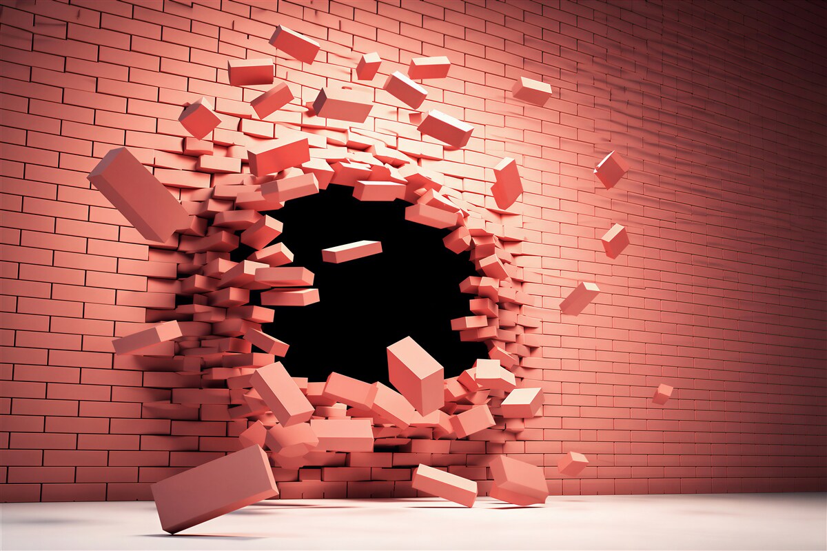 Fotobehang gebarsten roze muur 3D met opening modern