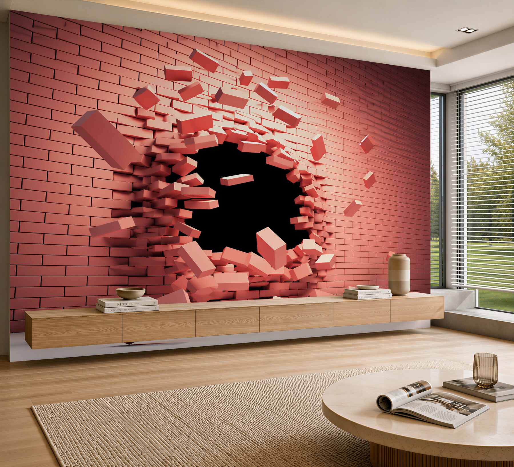 Fotobehang gebarsten roze muur 3D met opening modern
