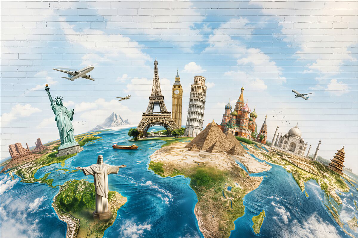 Fotobehang wereldwijde monumenten op de wereldkaart pastel voor reizigers