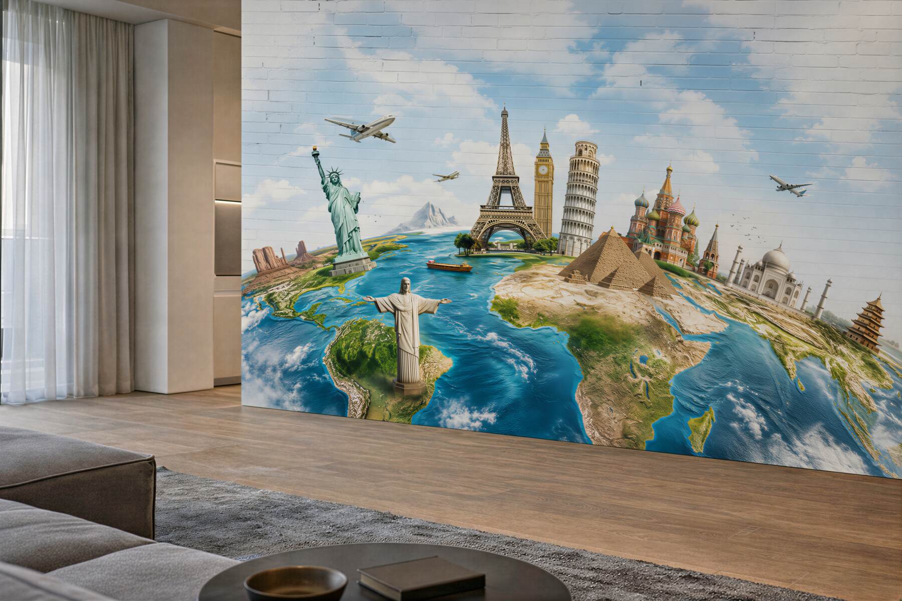 Fotobehang wereldwijde monumenten op de wereldkaart pastel voor reizigers
