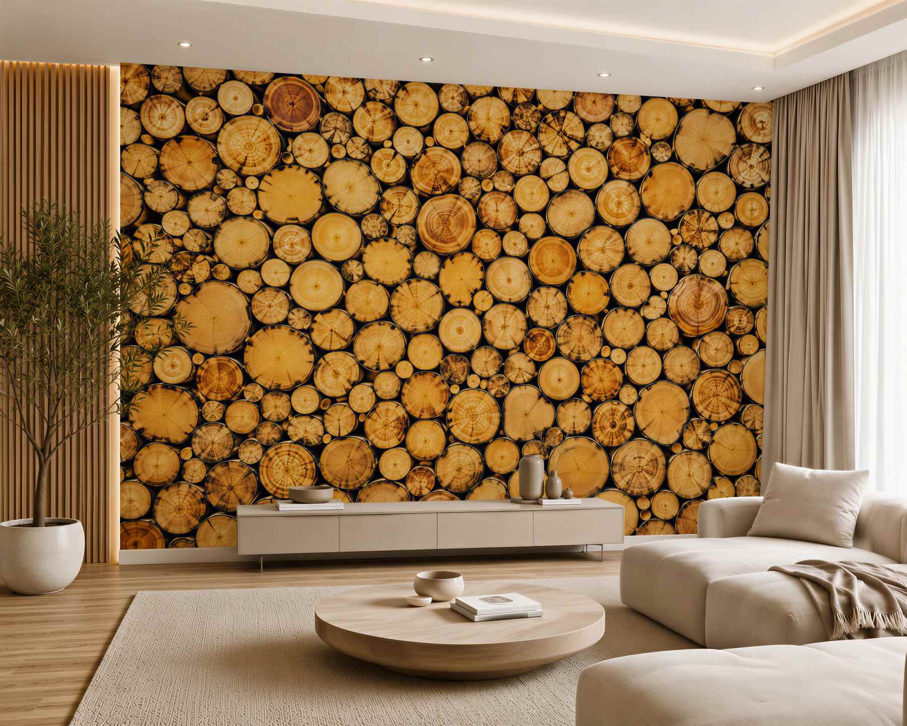 Fotobehang natuurlijke houten plakken in beige voor eco interieurs