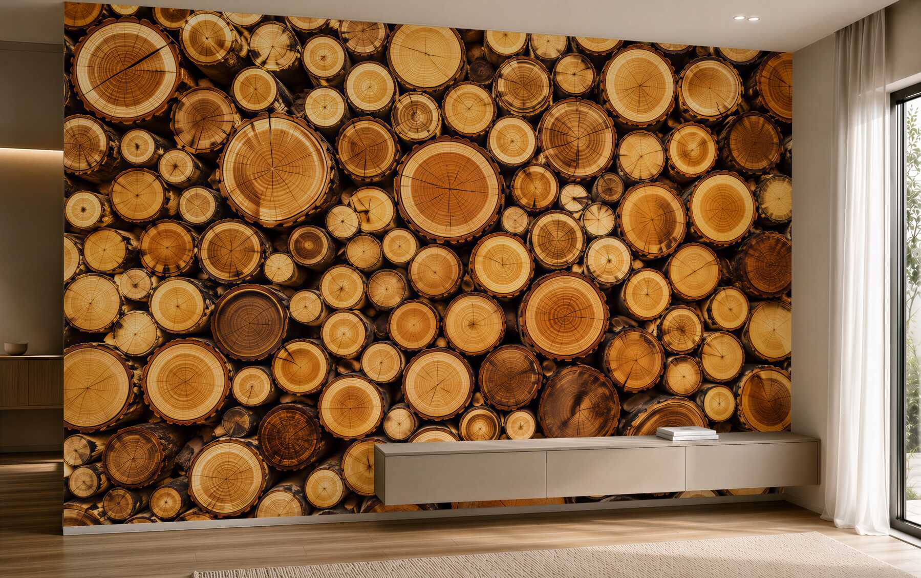 Fotobehang lichte houtnerf moderne compositie op beige achtergrond