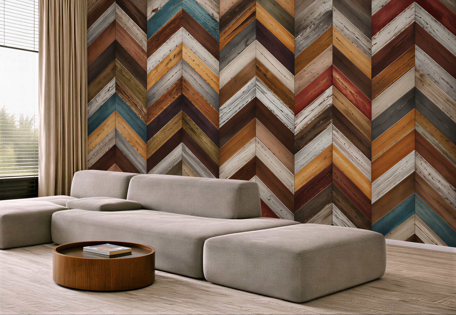 Fotobehang visgraat parket beige-grijs in Scandinavisch stijl