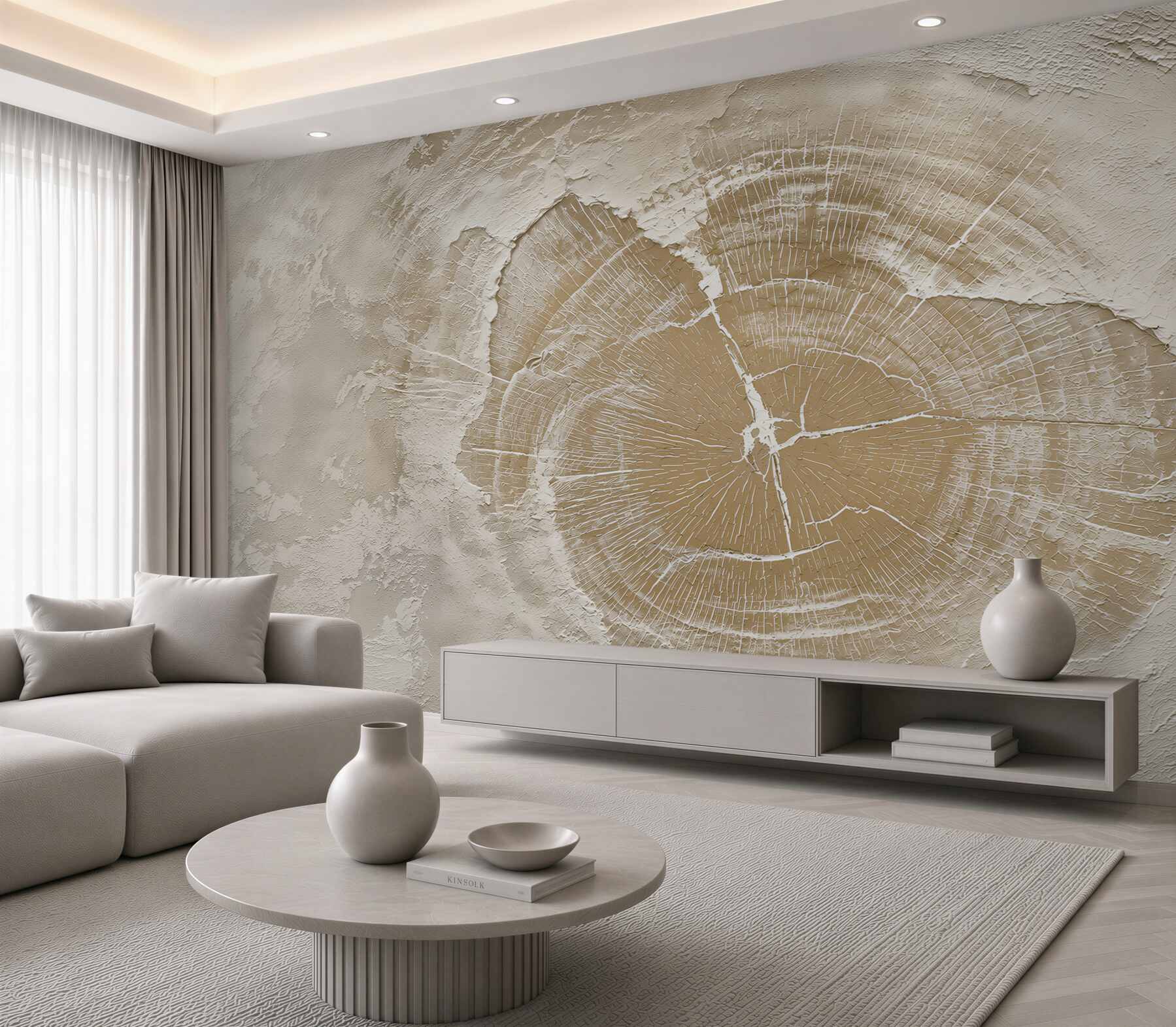 Fotobehang boomstam doorsnede beige minimalistisch patroon natuurlijk
