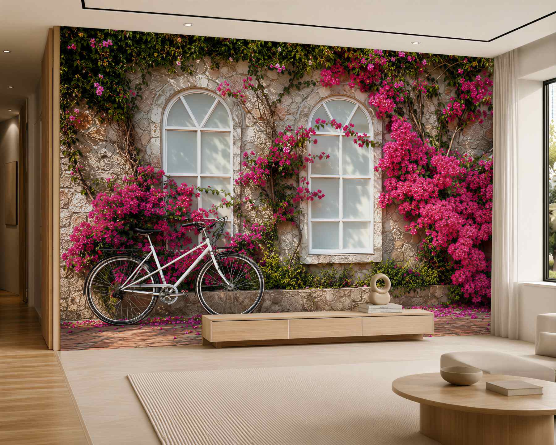 Fotobehang fiets voor een bloeiende muur met ramen in romantische stijl