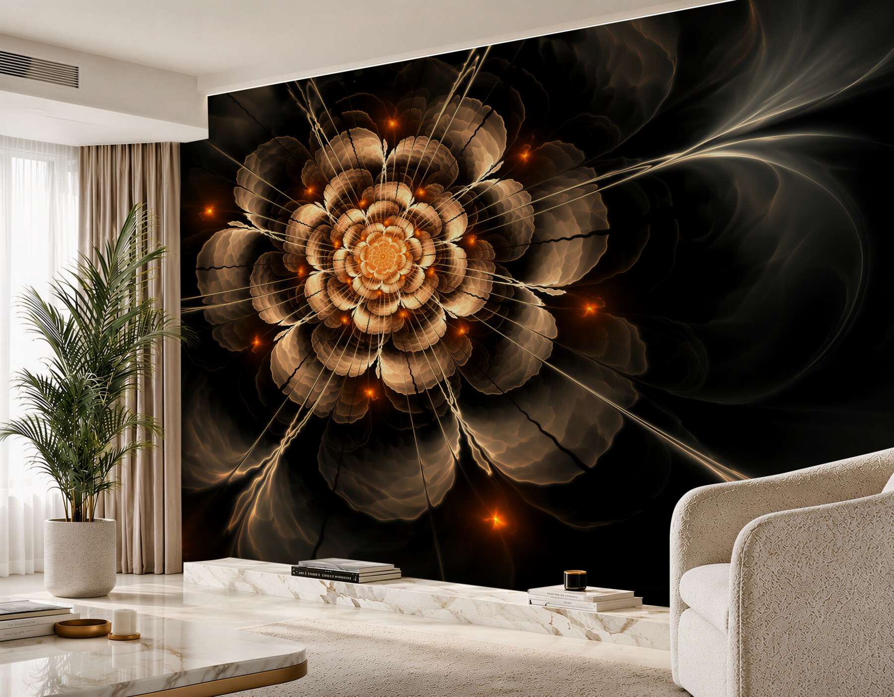 Fotobehang gouden abstracte bloem op crèmekleurige achtergrond elegant