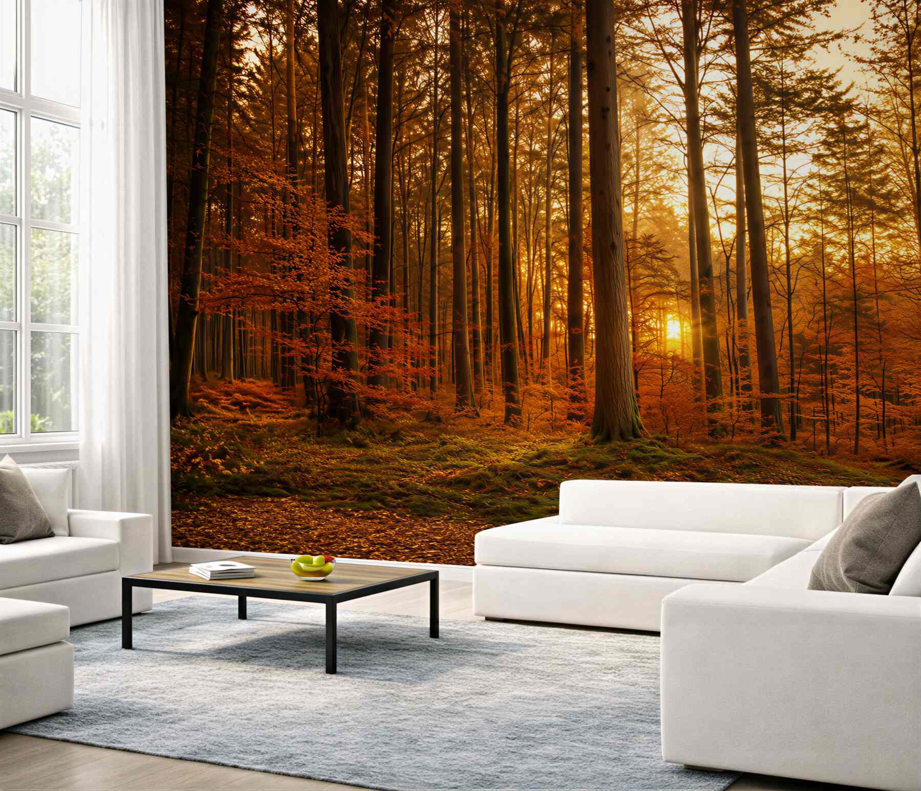 Fotobehang herfstbos met gouden gloed warme decoratie voor de woonkamer