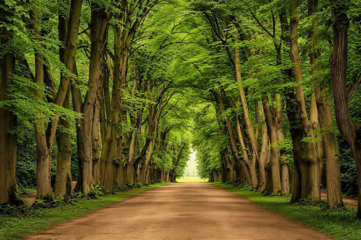 Fotobehang boslaan in het groen ondergedompeld in ochtendlicht