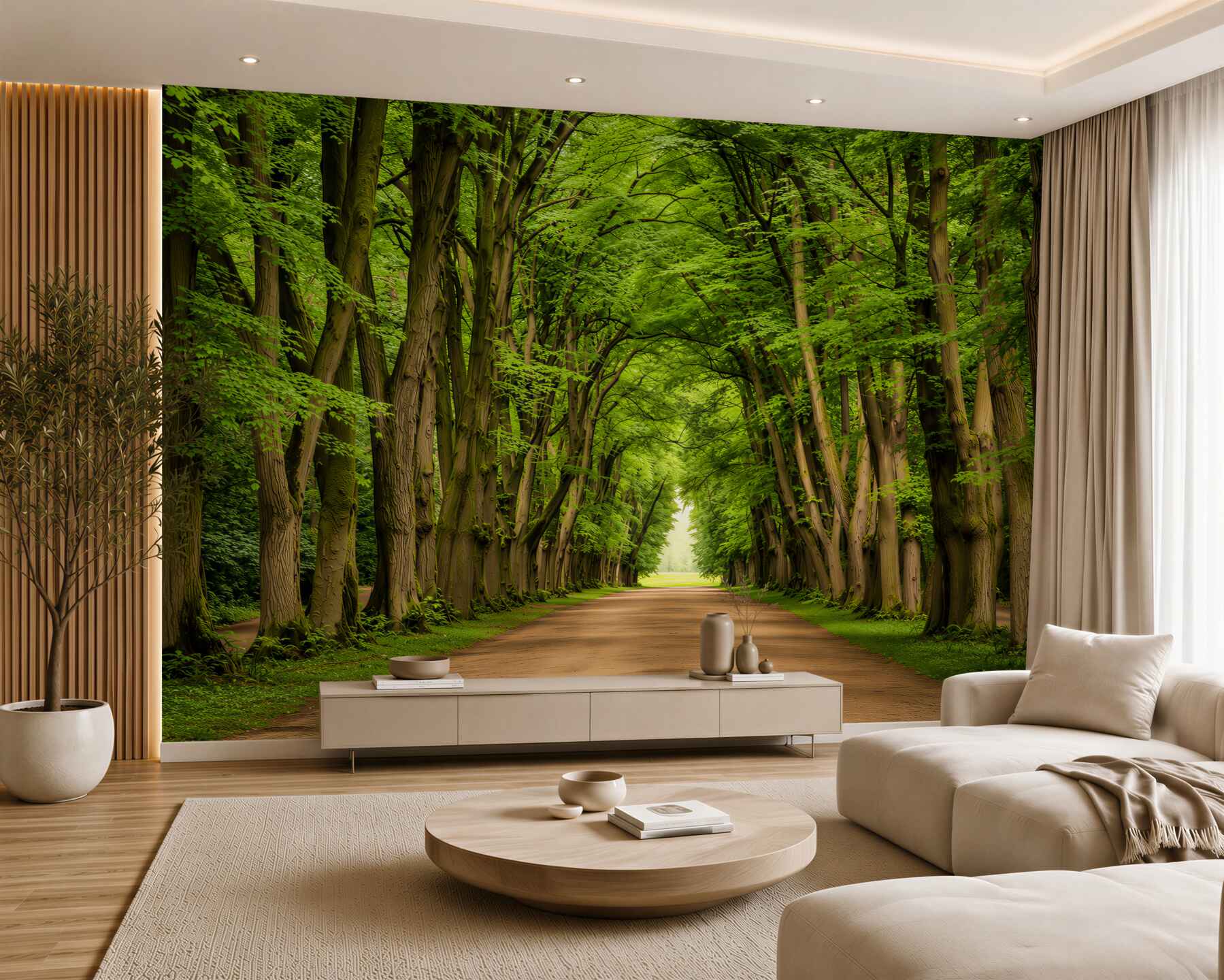 Fotobehang boslaan in het groen ondergedompeld in ochtendlicht
