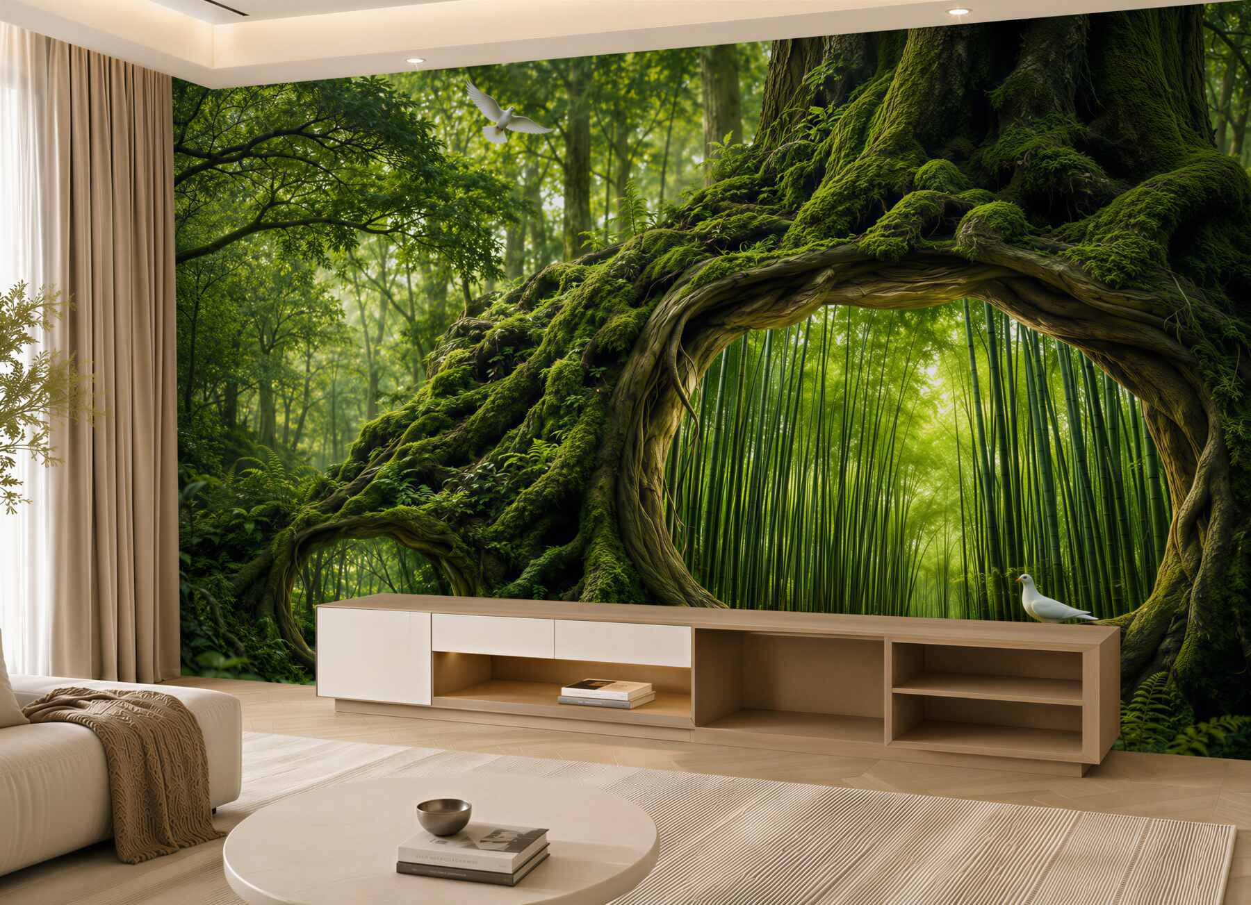 Fotobehang sprookjesbos met waterval en boomdeur in groene tinten