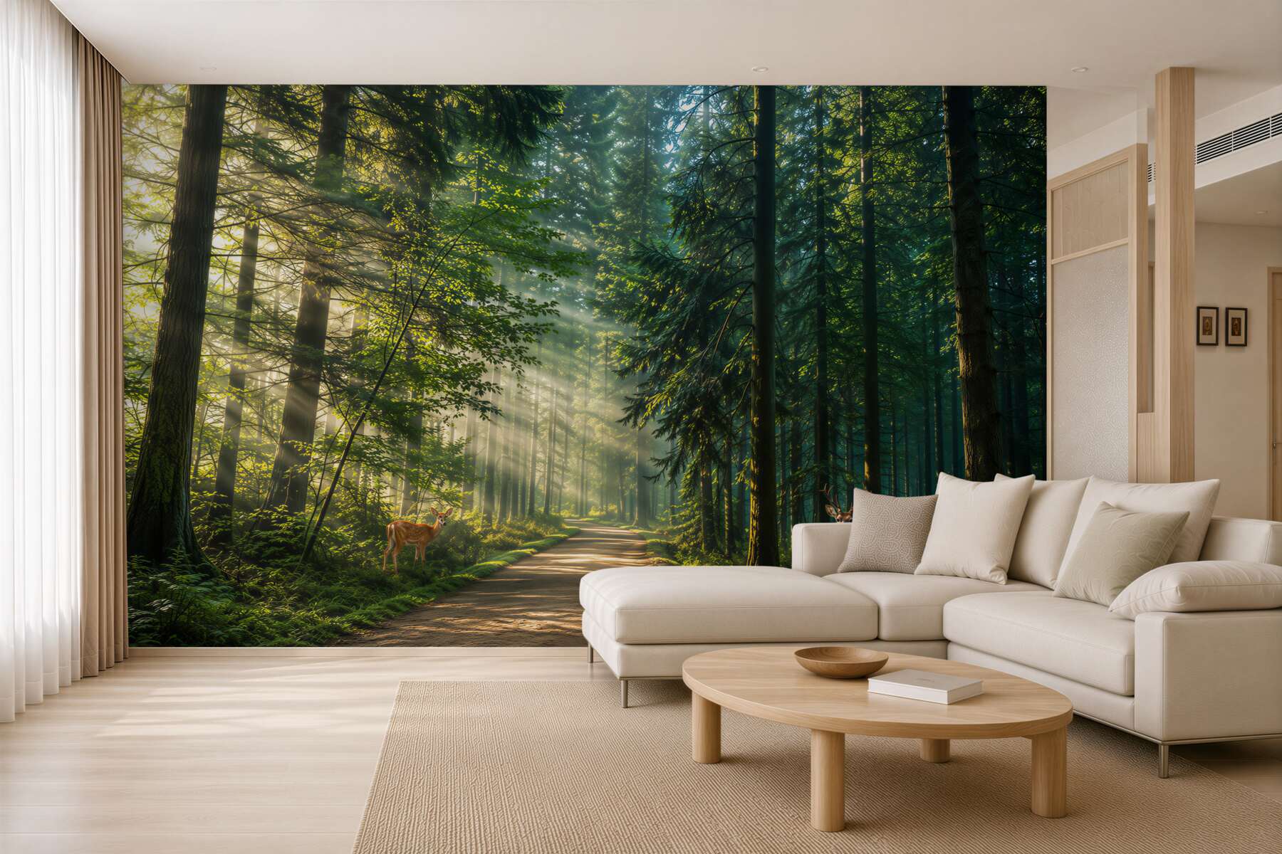 Fotobehang bospad met herten onder zonnestralen